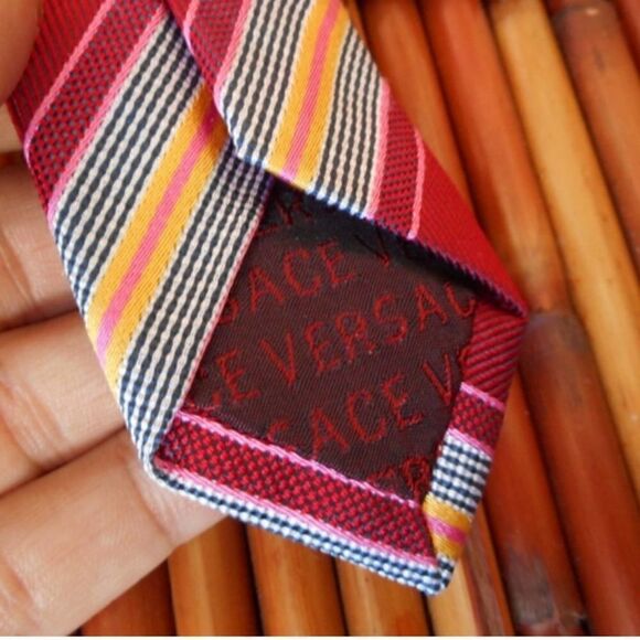 EUC VERSACE Multi-Colored Diagonal Striped 100% Silk with Blue Logo on Front Tie - Picture 5 of 11